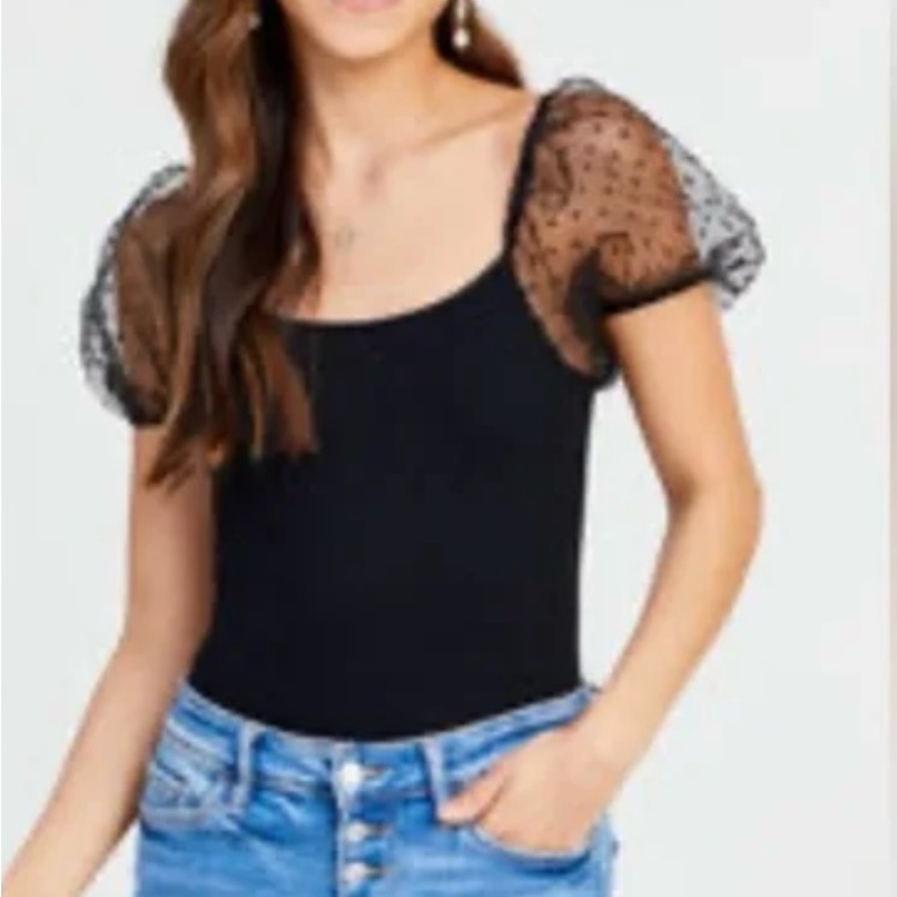 Arula Black Sheer Puff Sleeve Top